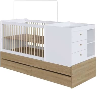 Berço Multifuncional com Cômoda 5 Gavetas Marrom Branco