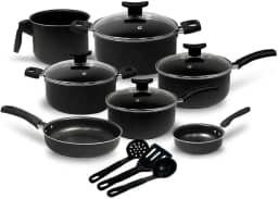 Jogo de Panelas 10 Peças Preto Antiaderente c/Tampa de Vidro e Utensílios