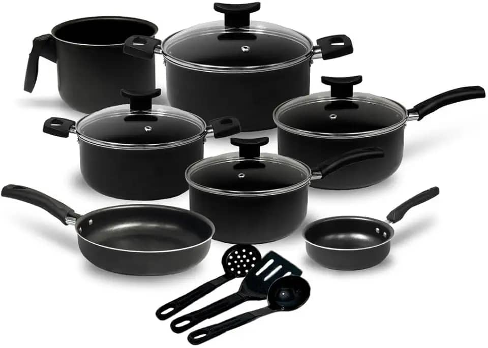 Jogo de Panelas 10 Peças Preto Antiaderente c/Tampa de Vidro e Utensílios