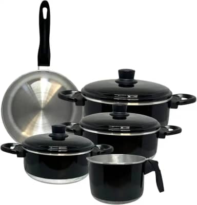 Jogo de Panelas 5 Peças Alumínio Preto Esmaltado | Frigideira, Fervedor e Caçarola com Tampa