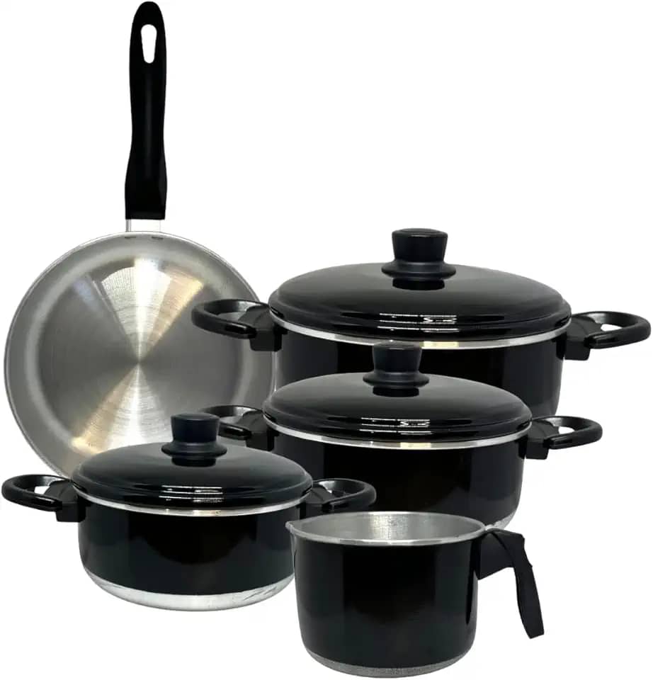 Jogo de Panelas 5 Peças Alumínio Preto Esmaltado | Frigideira, Fervedor e Caçarola com Tampa