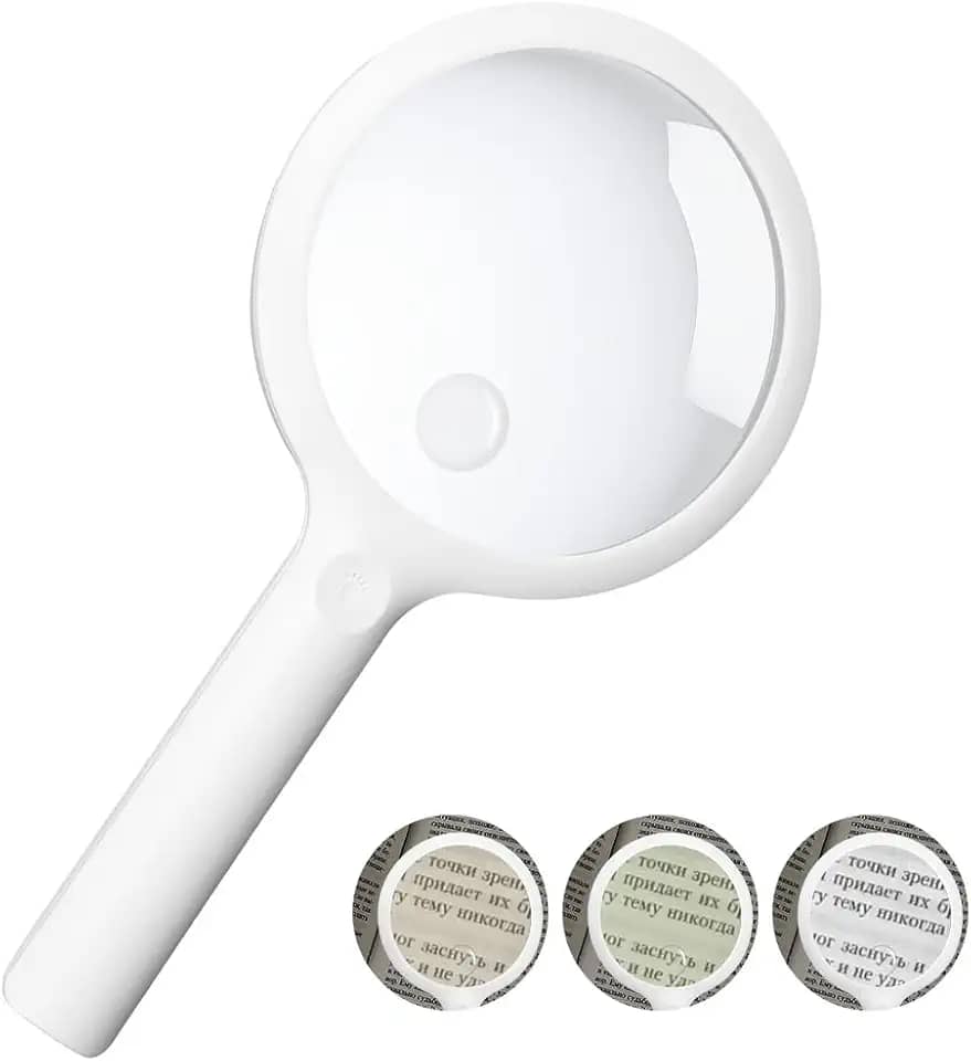 5X, 110mm Com 20 Luzes Led, Aumento para Leitura, Lupa de Aumento Profissional, Lupa de Leitura Portátil com Luz de Led, Branco, Trêss Níveis de Brilho