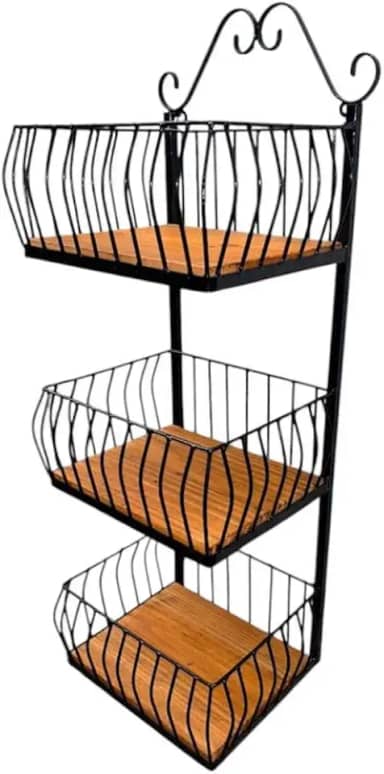 fruteira quadrada de parede 3 andares em ferro e madeira