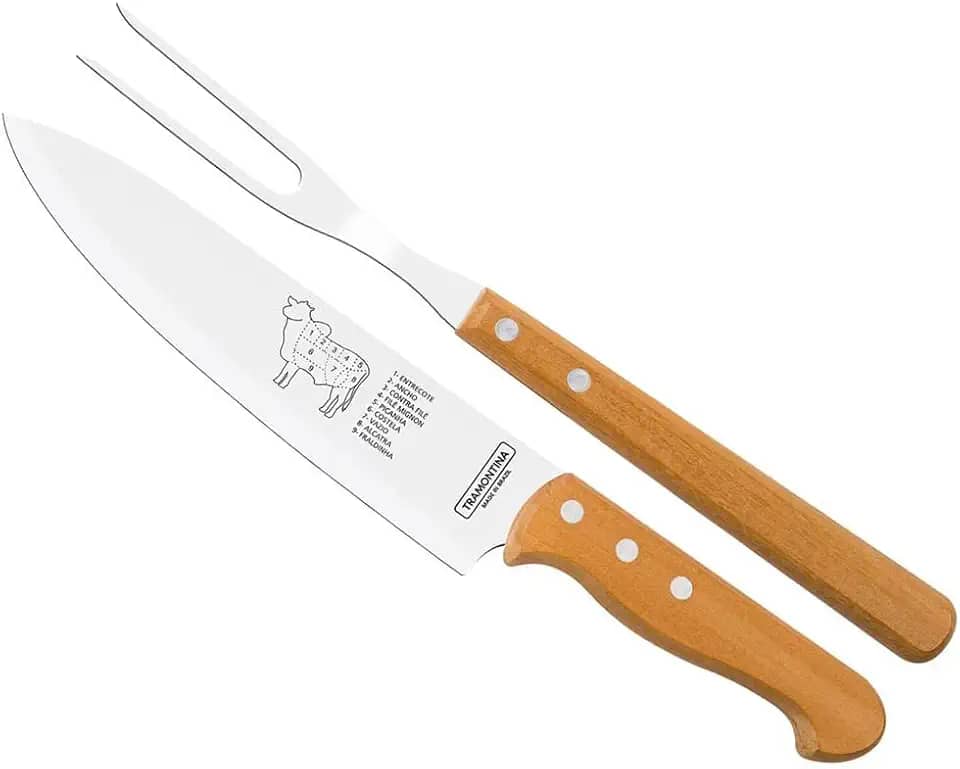 Jogo Trinchante Churrasco com Lâminas em Aço Inox e Cabos em Madeira Natural com 2 Peças
