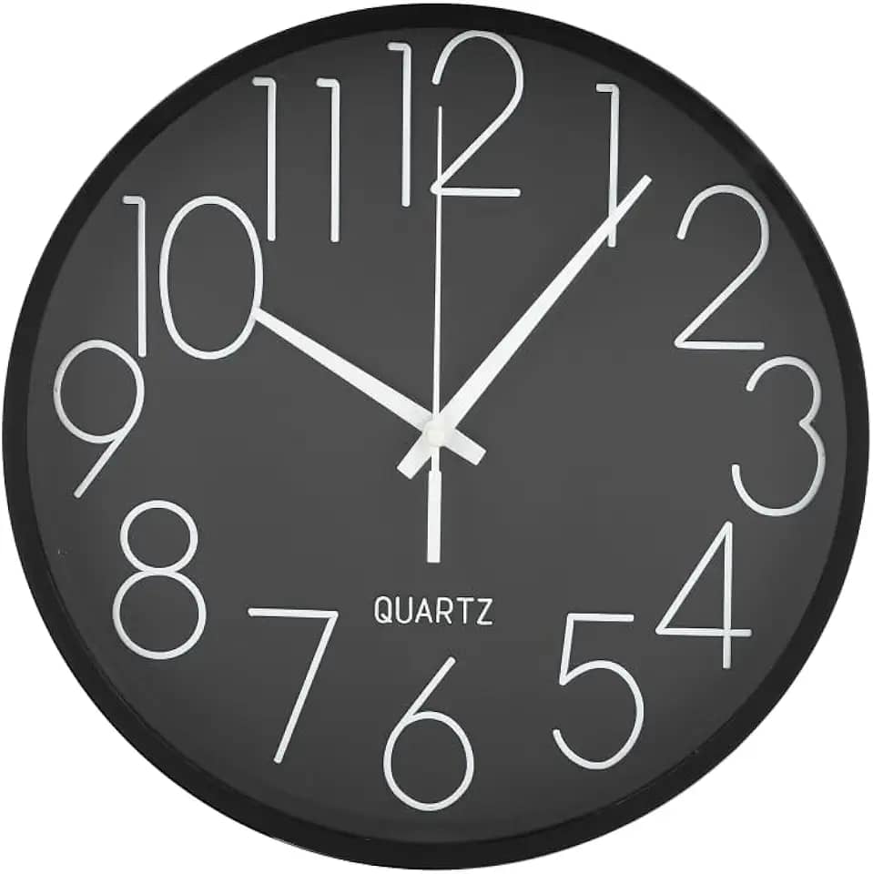 Relógio de Parede 24 cm com Números Grandes Brancos Leitura Fácil, Design Moderno, Instalação Simplificada na Cor Preta