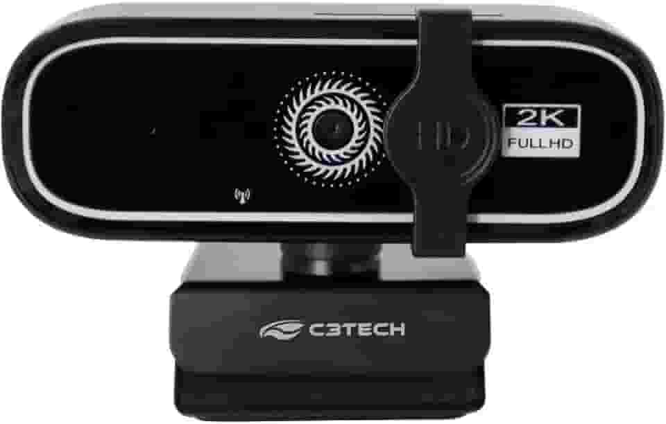 C3Tech WebCam WB-200BK Preto video em QHD 2K, microfone embutido, Sensor CMOS, Tampa de privacidade
