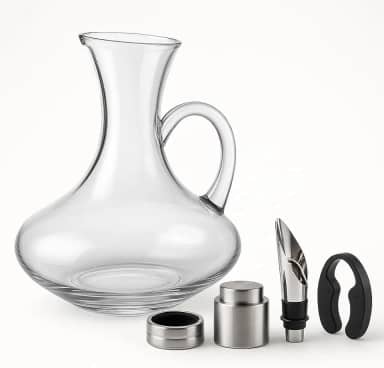 Kit de Vinho Premium com Decanter de Vidro 1500ml e Acessórios – Bico Dosador, Tampa Hermética, Anel Anti-Gotas e Cortador de Lacre – Presente Elegante