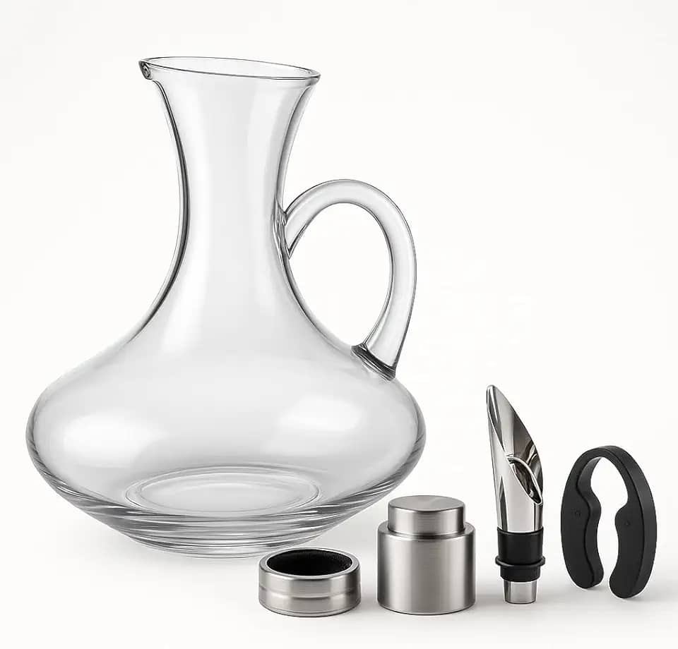 Kit de Vinho Premium com Decanter de Vidro 1500ml e Acessórios – Bico Dosador, Tampa Hermética, Anel Anti-Gotas e Cortador de Lacre – Presente Elegante