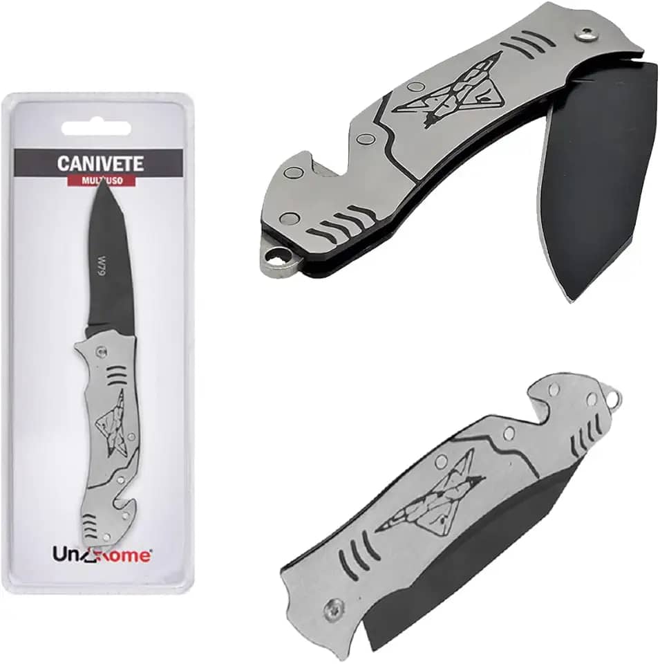 Canivete Multiuso Aço Inox Retrátil Dobrável Portátil 17cm - Cinza