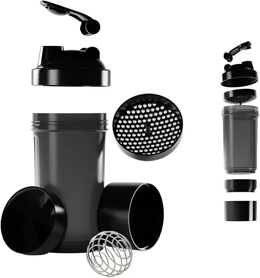 Coqueteleira Shaker Academia Compartimento Suplementos Divisórias 500ml (Preto)