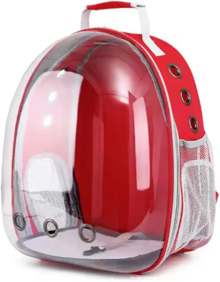 Mochila Transparente Visão Panorâmica para Animais de Estimação Cãe e Gatos Bolsa de Transporte com Ventilação e Segurança(VERMELHO)