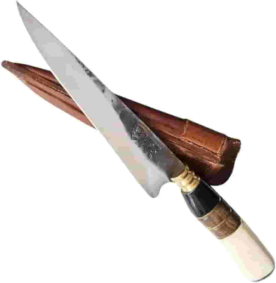 Faca Artesanal FACAS FR Churrasco 7' Aço Carbono 1070 com Cabo de Osso, Madeira e Chifre Bainha de Couro Corte Preciso Produzida no Brasil