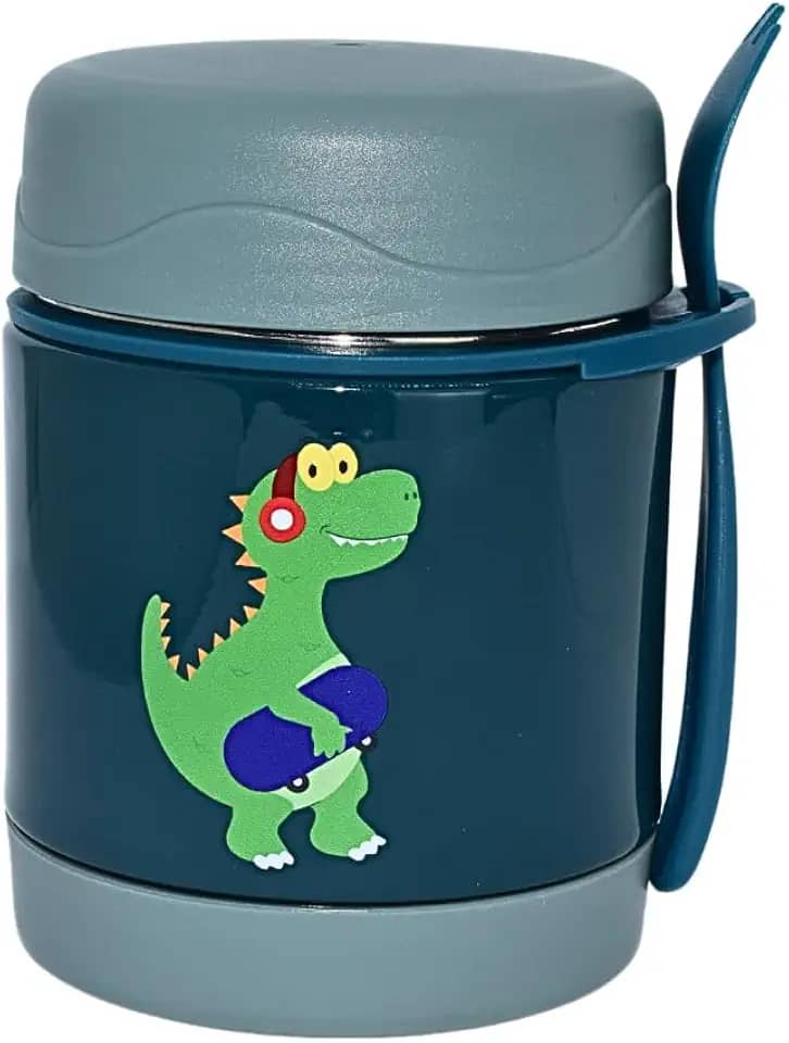 Pote Térmico Bebê Infantil 320 ml Aço Inox Com Garfo Bamboo (VERDE)