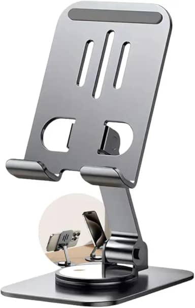 Suporte de Celular de Mesa Universal em Aluminio Premium - Base Estável Antiderrapante, Ajustável, Articulado com Giro 360°, Dobrável e Leve