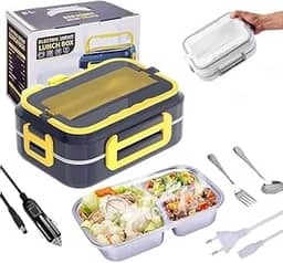 Marmita Elétrica Portátil 3 em 1 Bivolt 110V-220V - Veicular 12V – Inox com 3 Divisórias e Talheres | Para Carro, Escritório, Casa | Aquecimento Rápido, Vedação Segura, Alça Retrátil - PREMIUM