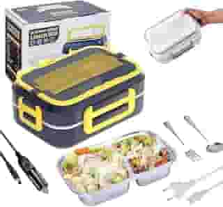 Marmita Elétrica Portátil 3 em 1 Bivolt 110V-220V - Veicular 12V – Inox com 3 Divisórias e Talheres | Para Carro, Escritório, Casa | Aquecimento Rápido, Vedação Segura, Alça Retrátil - PREMIUM