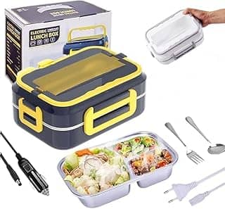 Marmita Elétrica Portátil 3 em 1 Bivolt 110V-220V - Veicular 12V – Inox com 3 Divisórias e Talheres | Para Carro, Escritório, Casa | Aquecimento Rápido, Vedação Segura, Alça Retrátil - PREMIUM