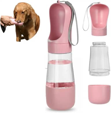 Garrafa Pet Portátil 2 em 1 Garrafa de Agua Pet Bebedouro e Comedouro para Cachorro e Gato Anti-Vazamento Perfeita para Passeios Viagens e Caminhadas 320ml Água + 170ml Ração (Rosa)