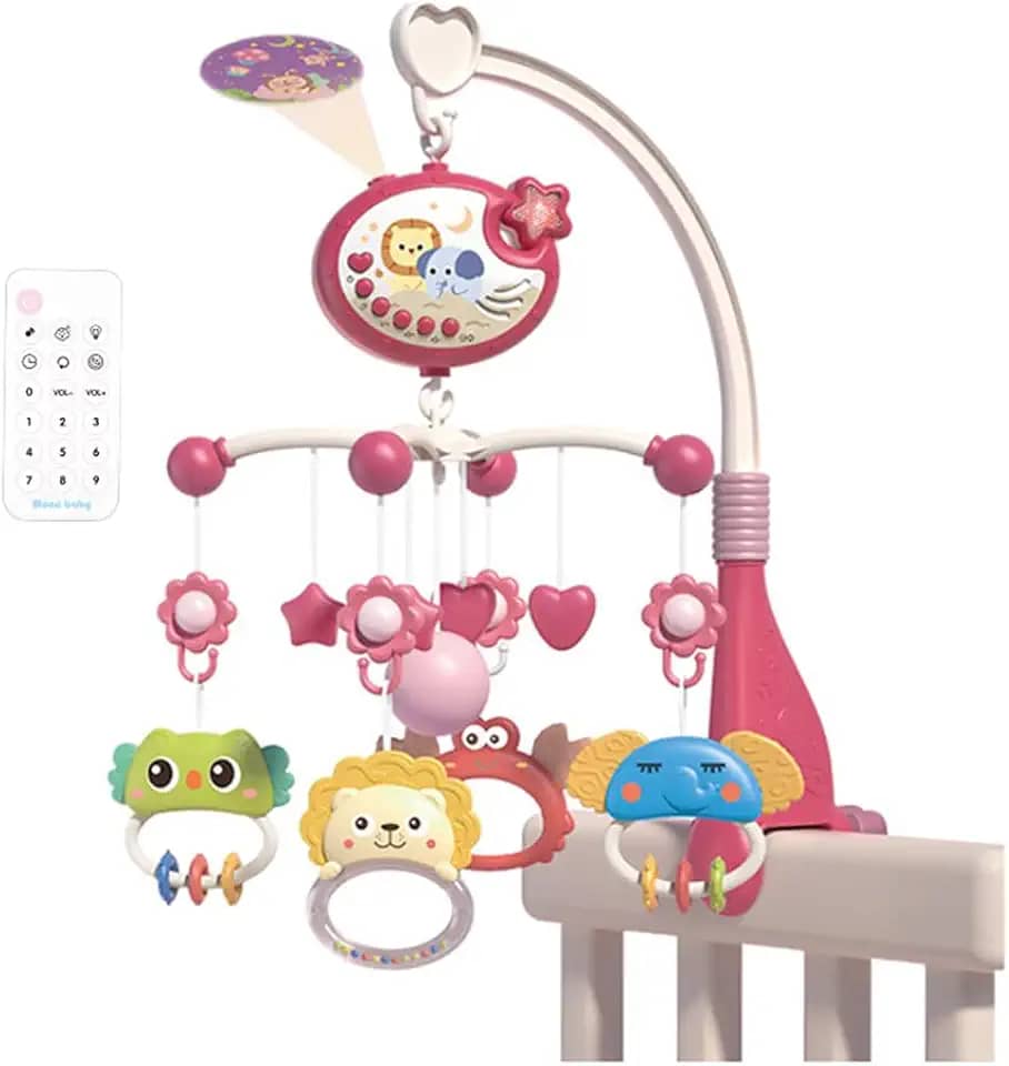 HUIOP Móbile fofo para berço com luzes de música, projeção de estrelas, brinquedos giratórios pendurados, brinquedos para berço com controle remoto, deação de cama infantil para meninos e meninas