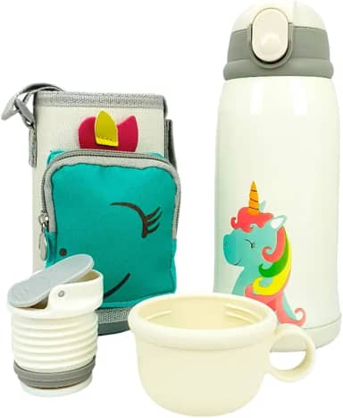 Garrafa Térmica Infantil Bebê Escola Parede Dupla Inox 550ML 2em1 +Suporte (BRANCA)