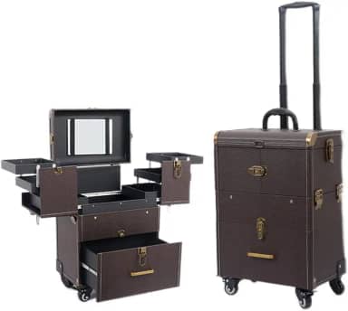 HZYLDQZJY Estojo de maquiagem, carrinho de maquiagem profissional com divisórias ajustáveis, organizador de esmalte, estojo de viagem para joias com 4 rodas e fechaduras, Marrom, Mala de maquiagem com