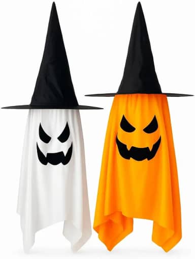 Kit 2 Fantasmas de Halloween com Chapéu de Bruxa e Luzes LED, Branco e Laranja Festa Fantasia Terror Decoração Assustadora e Divertida Dia das Bruxas