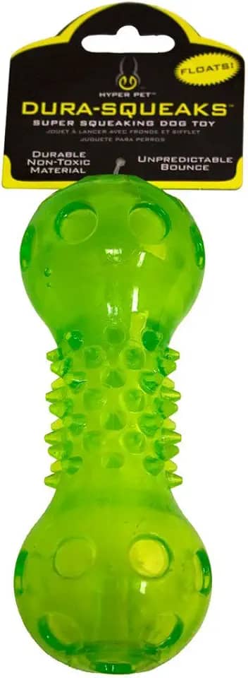 Hyper Pet Dura-Squeaks Barbell Brinquedo interativo para cães com sonoro feito com borracha termoplástica resistente que flutua na água