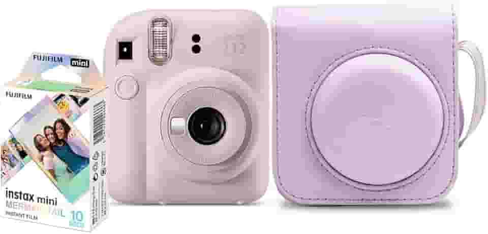 Kit Câmera Instax Mini 12 com pack 10 fotos Mermaid Tail e Bolsa Lilás