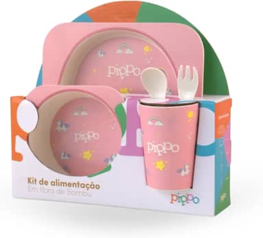 Kit Alimentação Prato Tijela Garfo Colher e Copo Infantil Bebe 5 Peças Em Fibra De Bambu Sem BPA | Pippo (Unicórnio)