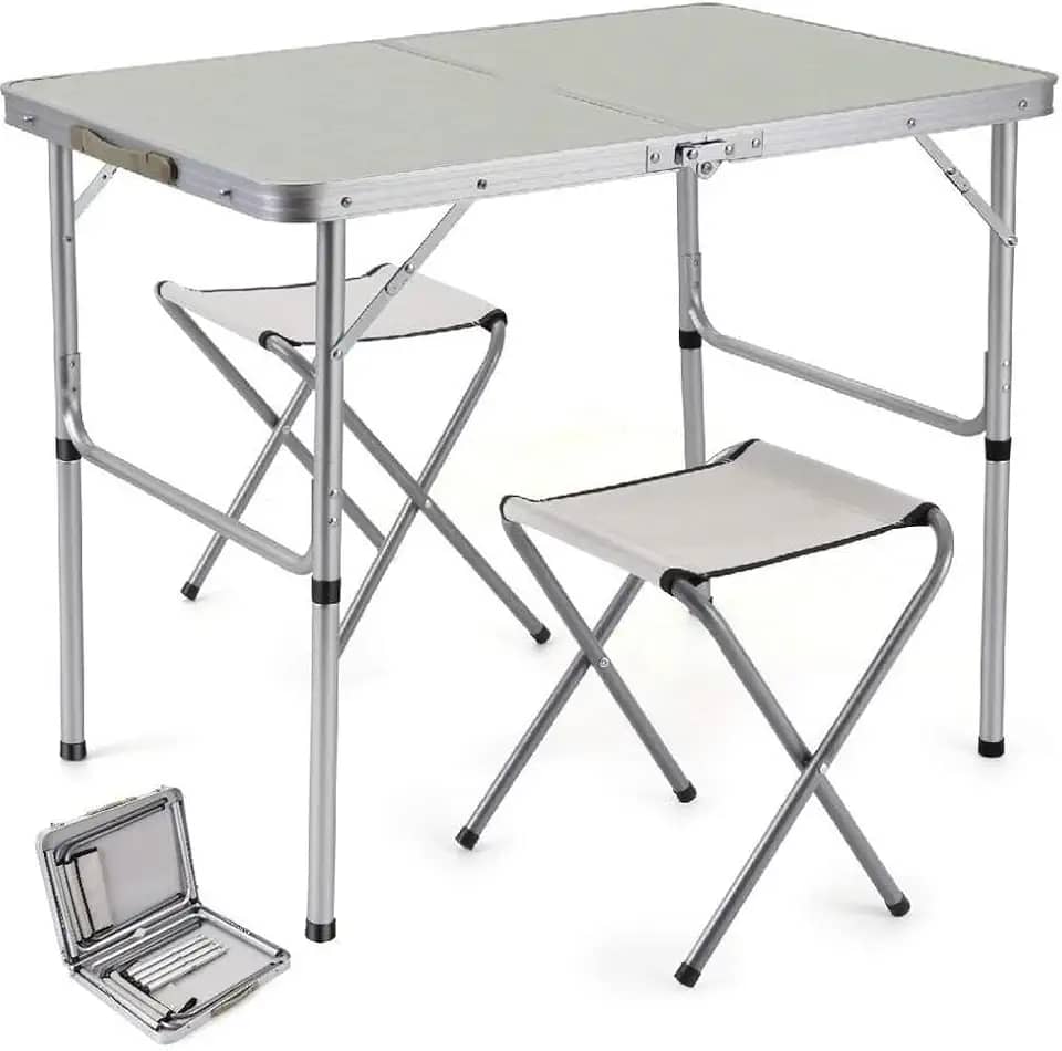 Kit Mesa Dobrável Portátil 2 Bancos Alumínio Camping Praia