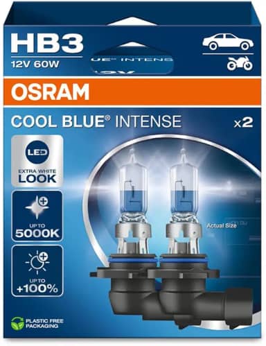 OSRAM COOL BLUE INTENSE HB3, +100% mais brilho, até 5.000K, lâmpada de farol de halogêneo, aparência de LED, caixa dobrável suspensa (2 lâmpadas)
