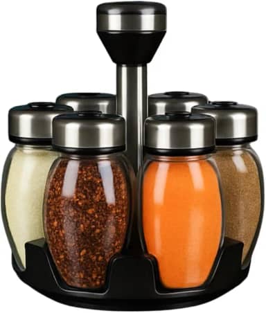 Kit Porta Temperos Giratório 6 Potes de Vidro com Tampa Prateada Organizador de Condimentos Hermético para Cozinha Preserva Aroma e Sabor Fácil de Limpar e Economiza Espaço na Bancada