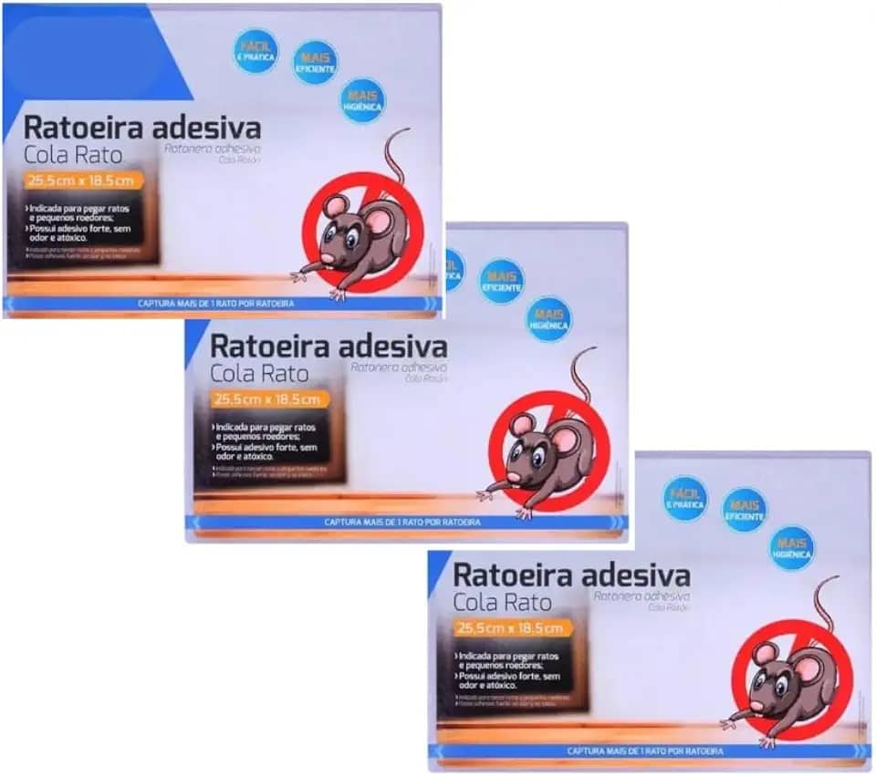 Ratoeira Adesiva Cola Rato, Pacote com 3 Unidades, Azul, Papel, 25.5 x 18.5 cm, Manual, Quadrado, para Controle de Roedores e Pragas