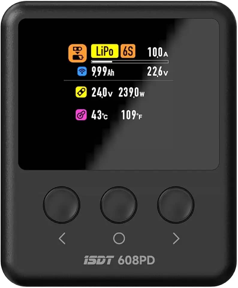 ISDT Carregador de bateria Lipo 608PD DC 6S/240W/10A USB C 100W/5A carregador inteligente para baterias RC Balance Charger for Life/Lilon/LiPo/LiHV (1-6S), NiMH(1-16S), Pb (1-12S)