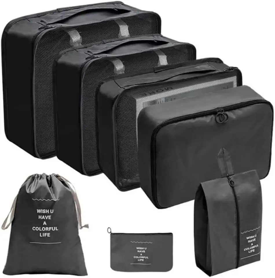 Kit Organizador de Malas para Viagem 7 Peças Bolsas Necessaire Sapatos Maquiagem Roupas Bagagem Organizada Conjunto Organizador Completo Premium (Preto)