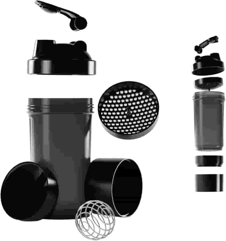 Coqueteleira Shaker Academia Compartimento Suplementos Divisórias 500ml (Preta)