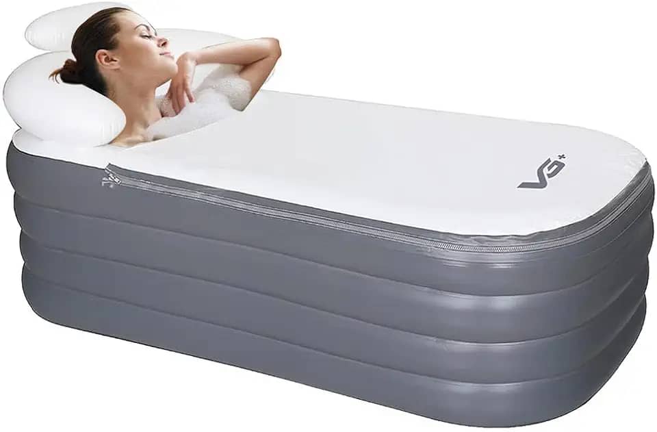 VG PLUS, Banheira Ofurô Inflável Adulto Dobrável 120 Litros Cinza com Bomba Elétrica Bivolt Vg Plus