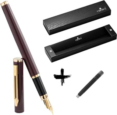 Kit Caneta Crown Capricci Tinteiro Ponta de Pena Iridium Alemã + Case Exclusiva Crown + Refil Extra Preto (Bordô)