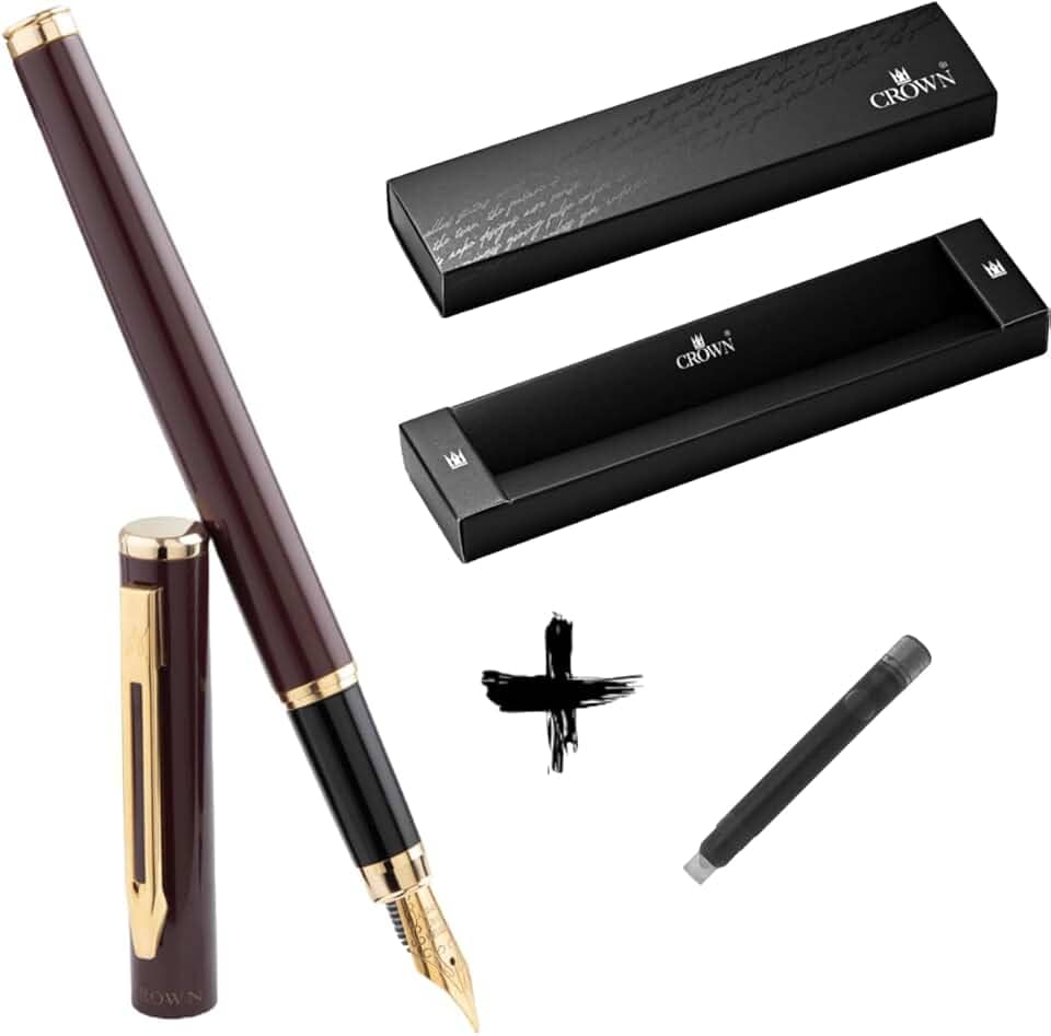 Kit Caneta Crown Capricci Tinteiro Ponta de Pena Iridium Alemã + Case Exclusiva Crown + Refil Extra Preto (Bordô)