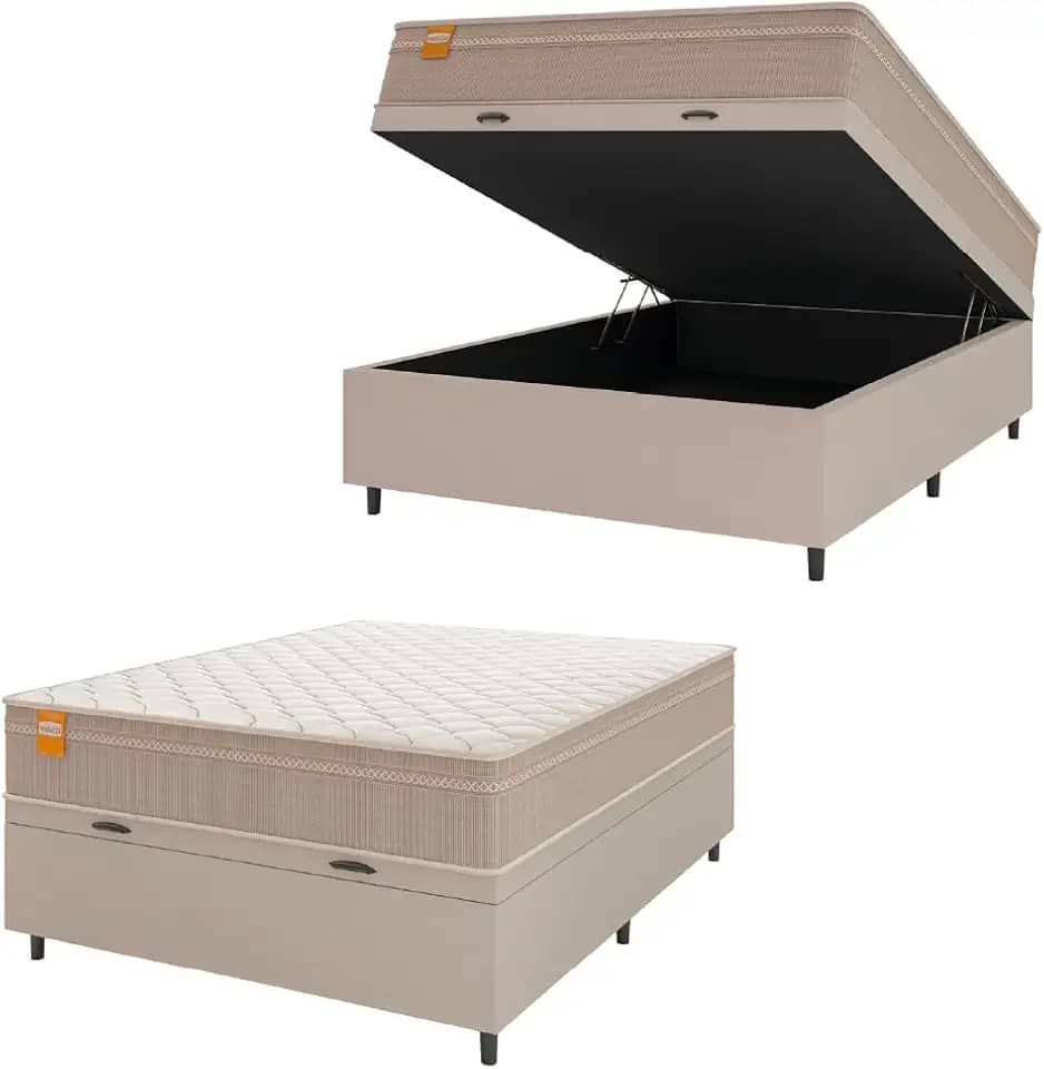 Cama Box Baú Casal Colchão Molas Qatar 138x188x63cm Bege/Branco Inducol - Suporta Até 200 Kg Por Pessoa