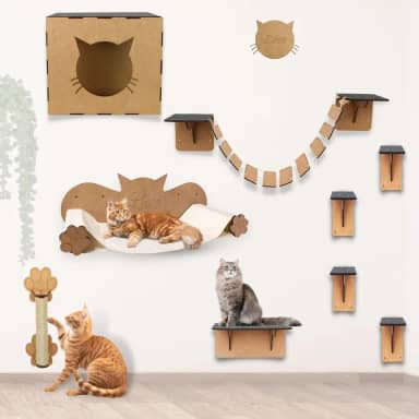BOXFAN Parquinho para Gatos kit 9 peças em mdf, nicho, arranhador, rede, prateleira, degraus e rede de descanso, playground suspenso para gatos, brinquedo e móveis para gatos