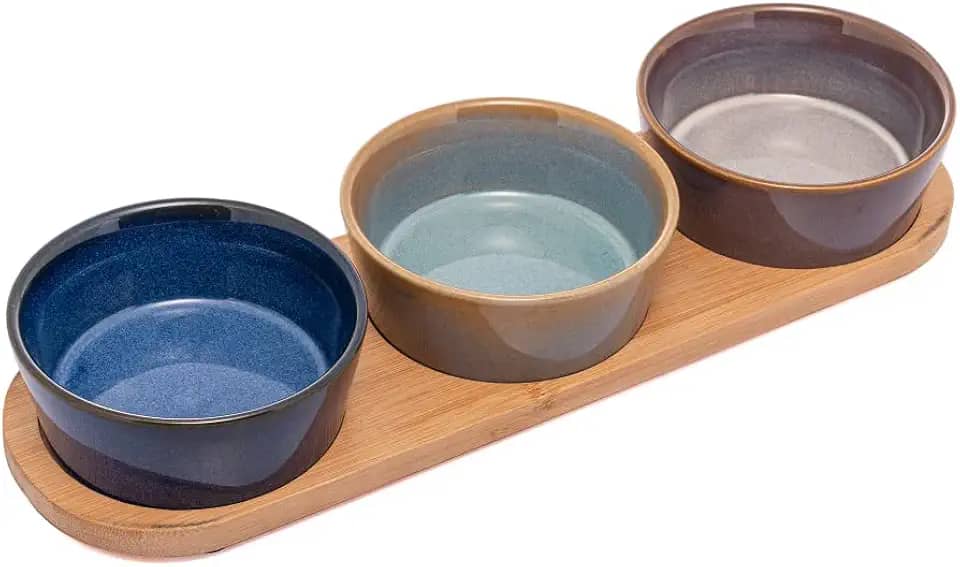 LYOR - Conjunto 3 Petisqueiras de Cerâmica com Bandeja de Bambu 32cm x 9,5cm x 5cm