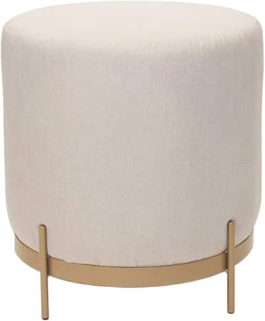 Puff Redondo Compacto Estofado em Linho Base Dourada de Metal - Vibe (Champanhe)