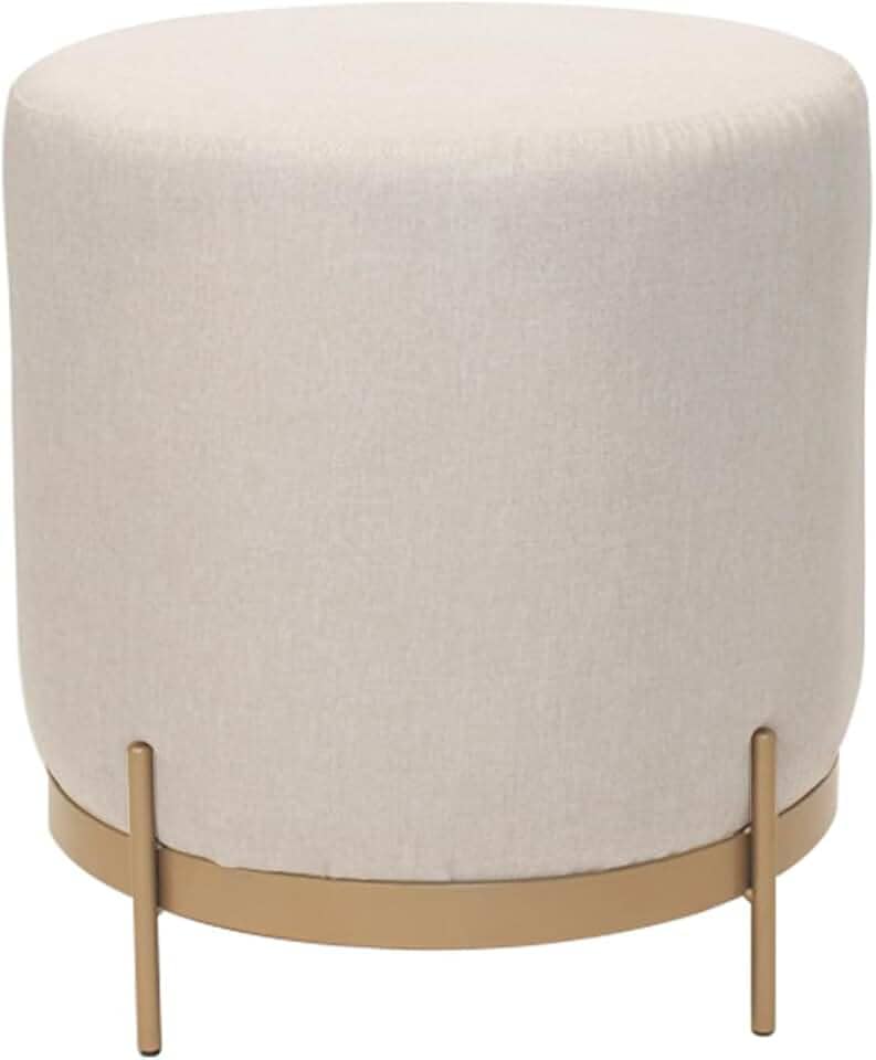 Puff Redondo Compacto Estofado em Linho Base Dourada de Metal - Vibe (Champanhe)
