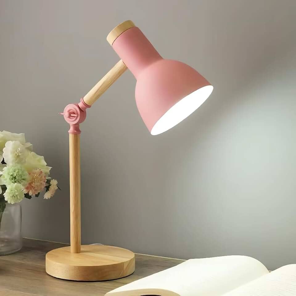 Luminária de Mesa Retrátil com Base de Madeira | Design Moderno, Ajustável e Compacto – Ideal para Escritório e Estudo (Rosa)