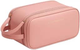 Necessaire Bolsa Organizadora de Maquiagem Couro Sintético Grande Capacidade com Duas Camadas, Alça Lateral, Divisórias Internas e Suporte para Pincéis – Ideal para Viagem (Rosa)