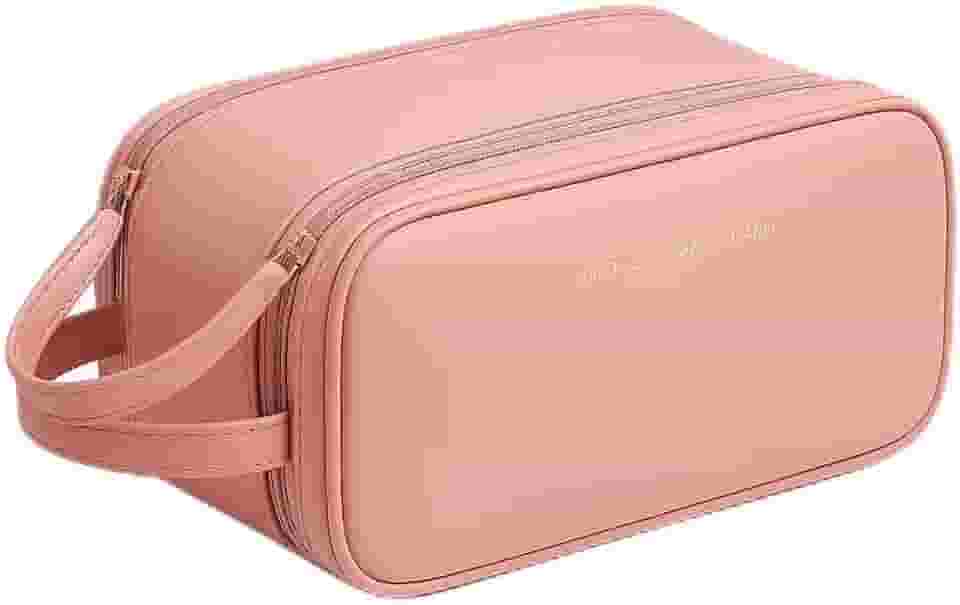 Necessaire Bolsa Organizadora de Maquiagem Couro Sintético Grande Capacidade com Duas Camadas, Alça Lateral, Divisórias Internas e Suporte para Pincéis – Ideal para Viagem (Rosa)
