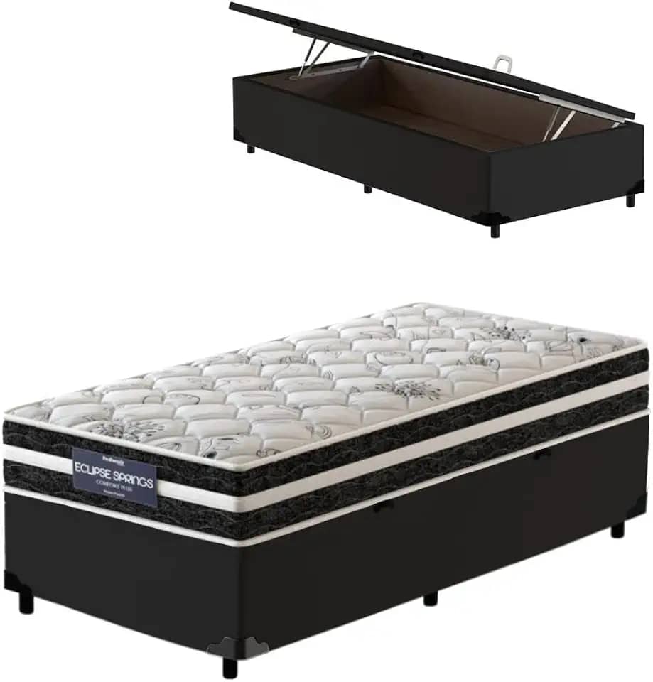Cama Box Baú Solteiro King Preta + Colchão Molas Ensacadas - Probel - Eclipse Springs 96x203x62cm