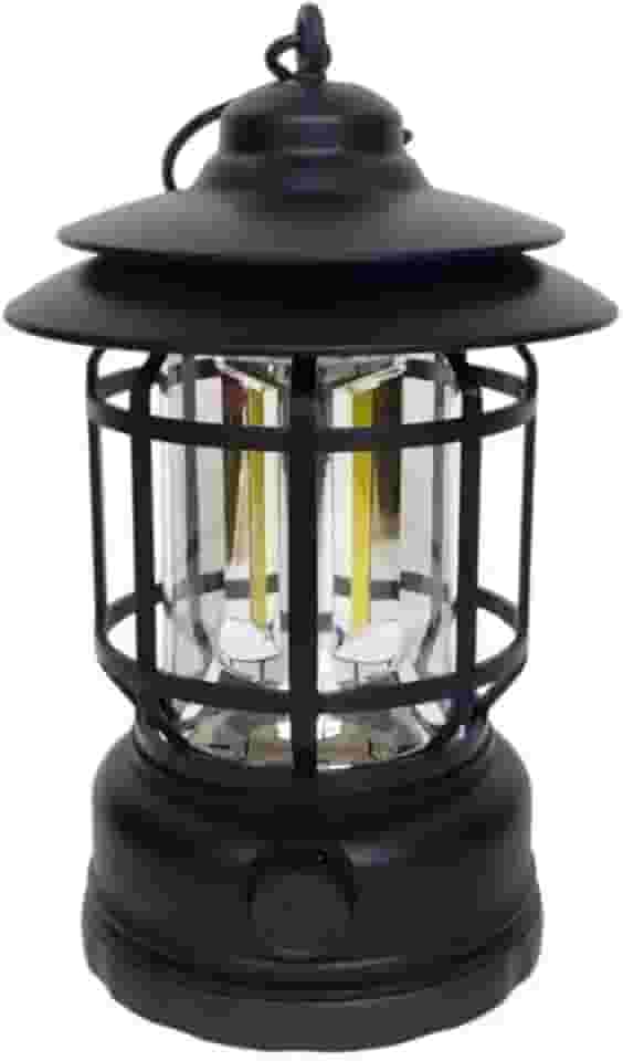 Lampião Lanterna Led Portátil De Camping Barraca Retro Recarregável Via USB Tipo C Luminária Para Acampamento e Pesca Com Regulagem De Intensidade Gancho Pendurar Bateria Longa Duração (Preto)
