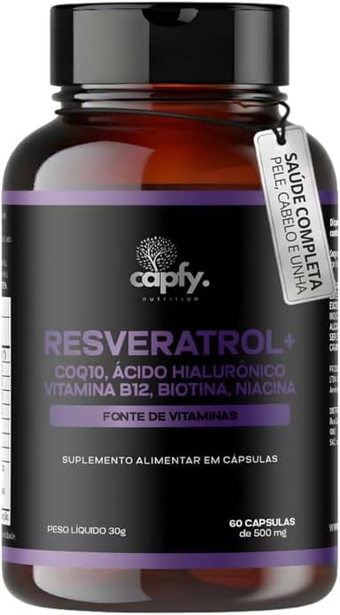 Trans Resveratrol Plus 165mg + Coenzima Q10 + Ácido Hialurônico + Biotina + Vitamina B12 + Niacina + Zinco 60 Cápsulas Premium Capfy Nutrition Suplemento Antienvelhecimento para Saúde da Pele Cabelo Unha